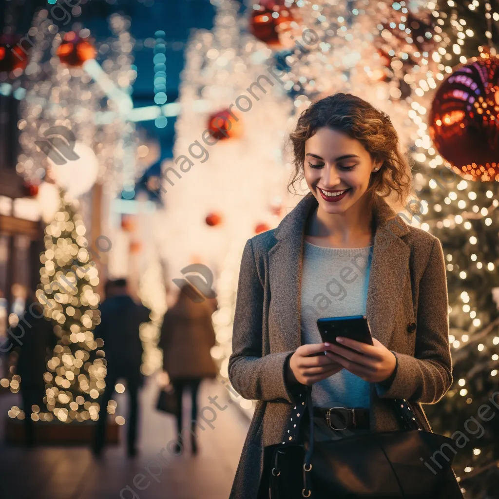 A cheerful person holding holiday shopping bags in front of lights. - Image 3