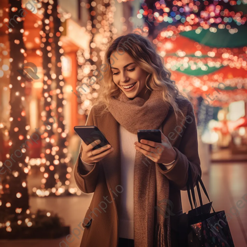 A cheerful person holding holiday shopping bags in front of lights. - Image 4