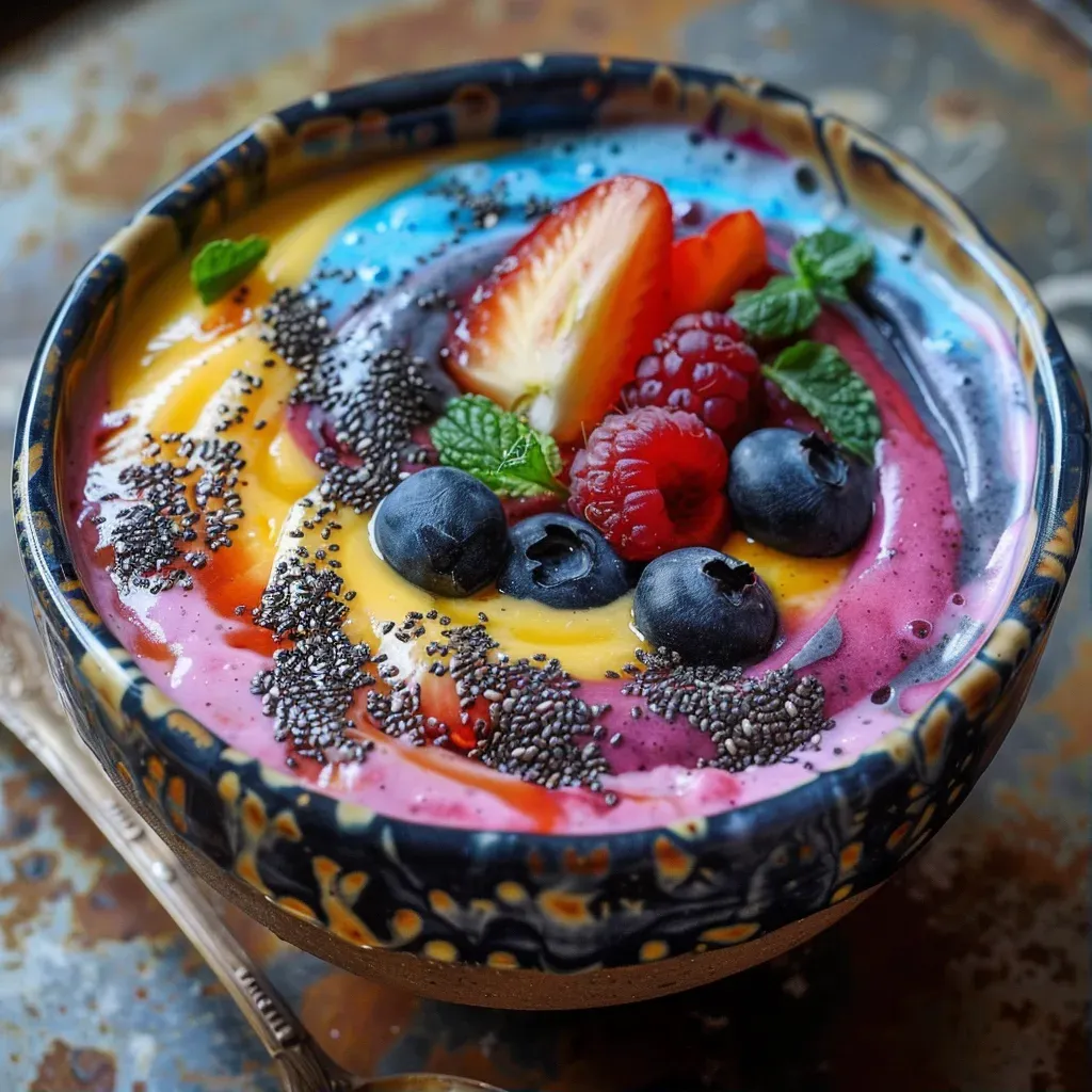 Colorful smoothie bowl with chia seeds and swirl design, shot on Fujifilm X-T4 - Image 1