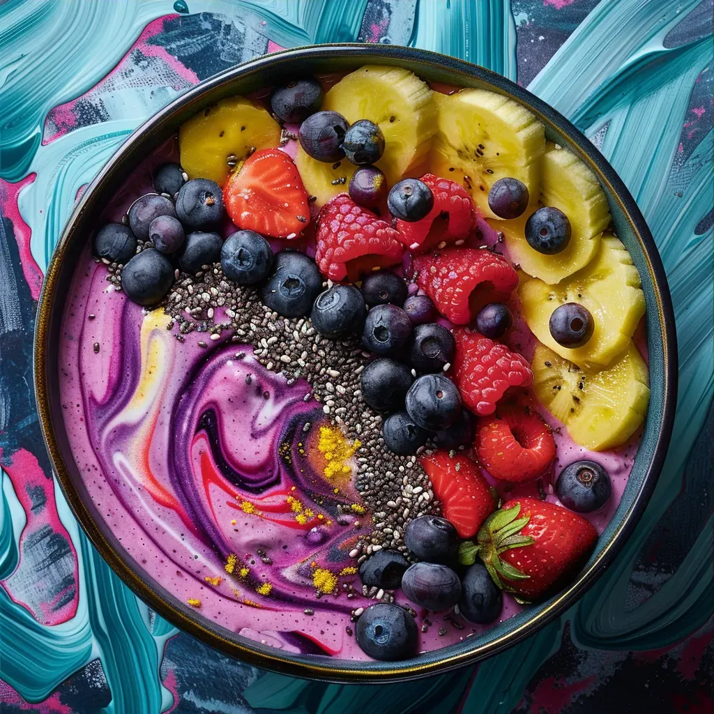 Colorful smoothie bowl with chia seeds and swirl design, shot on Fujifilm X-T4 - Image 3