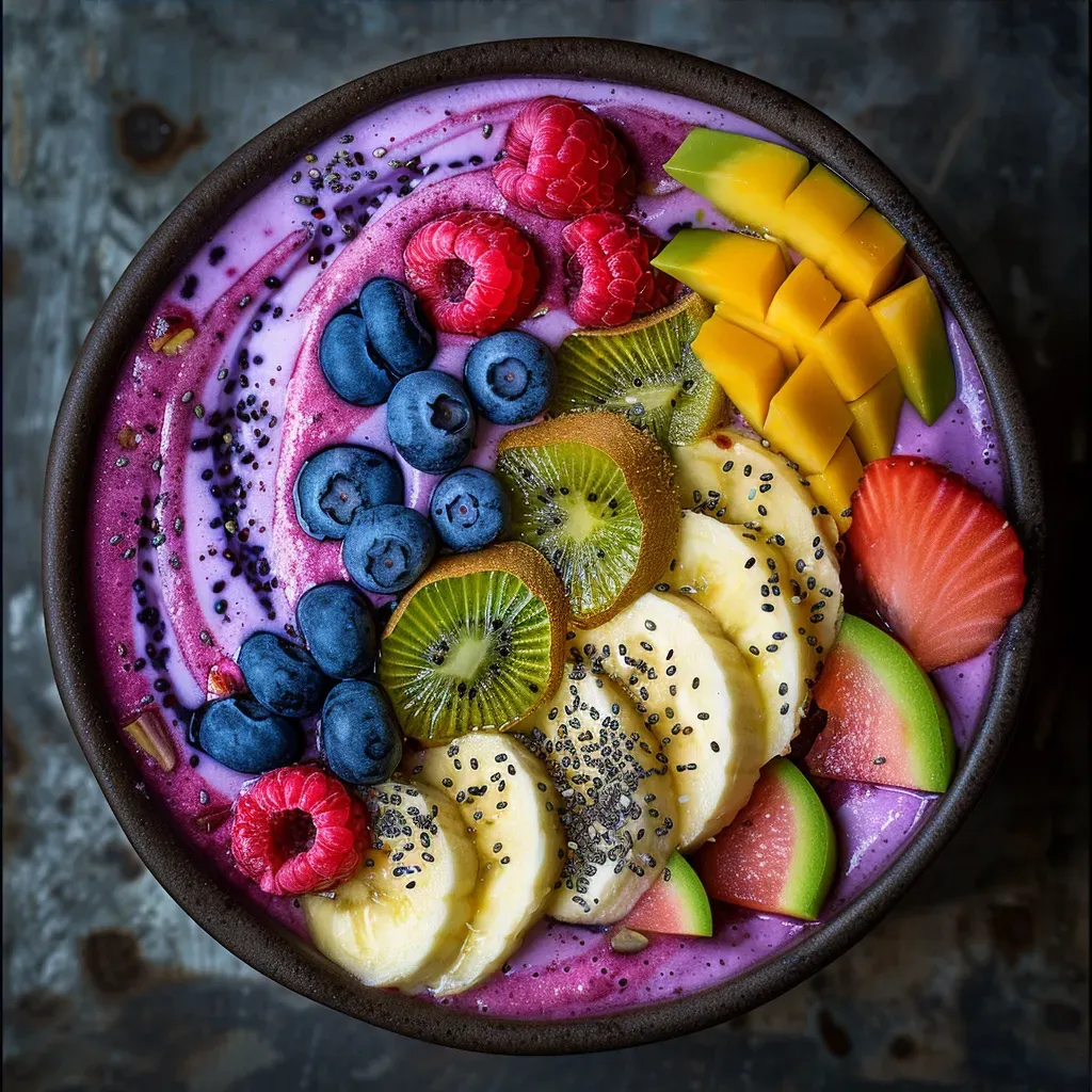 Colorful smoothie bowl with chia seeds and swirl design, shot on Fujifilm X-T4 - Image 4