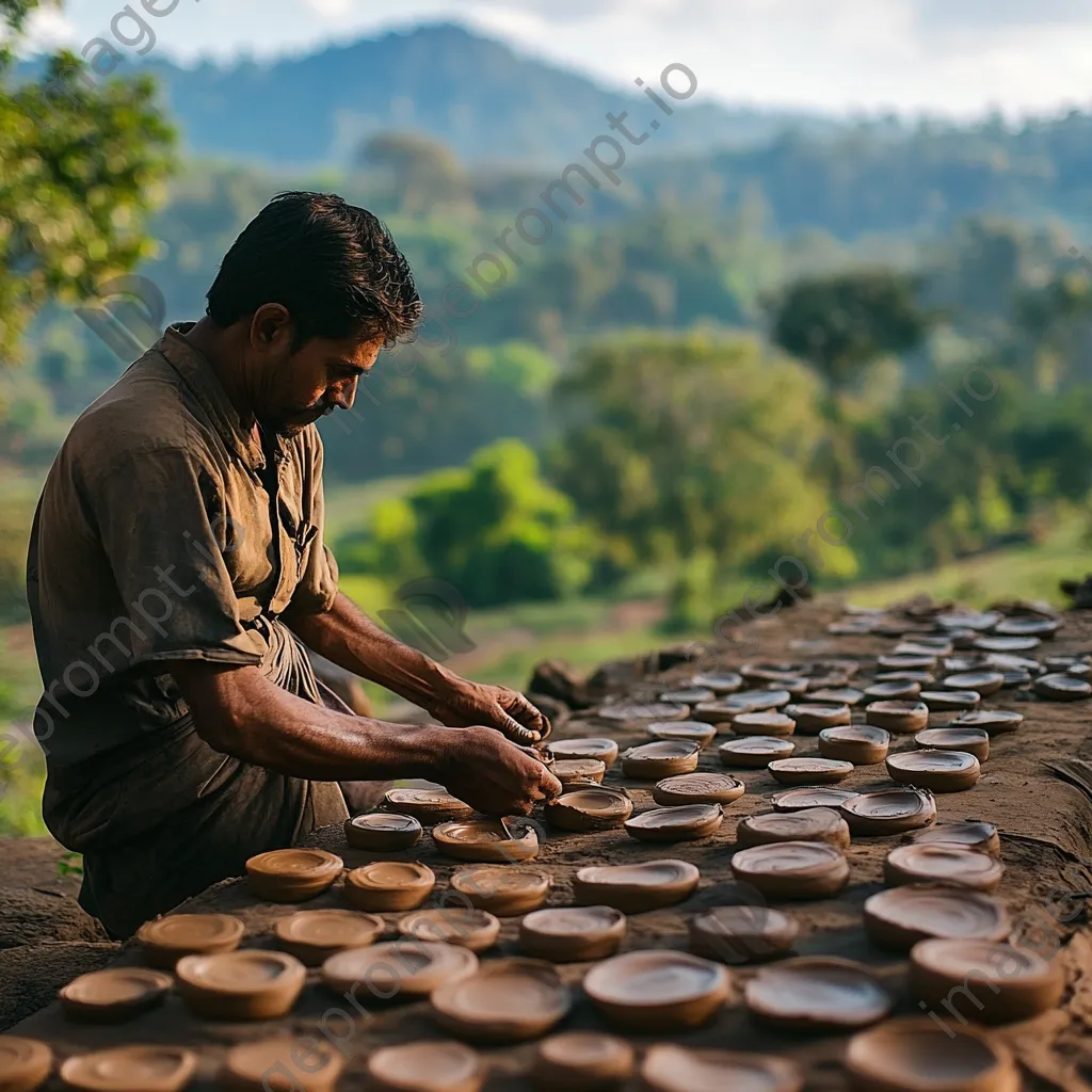 Artisan applying final touches to drying clay pottery outdoors - Image 1