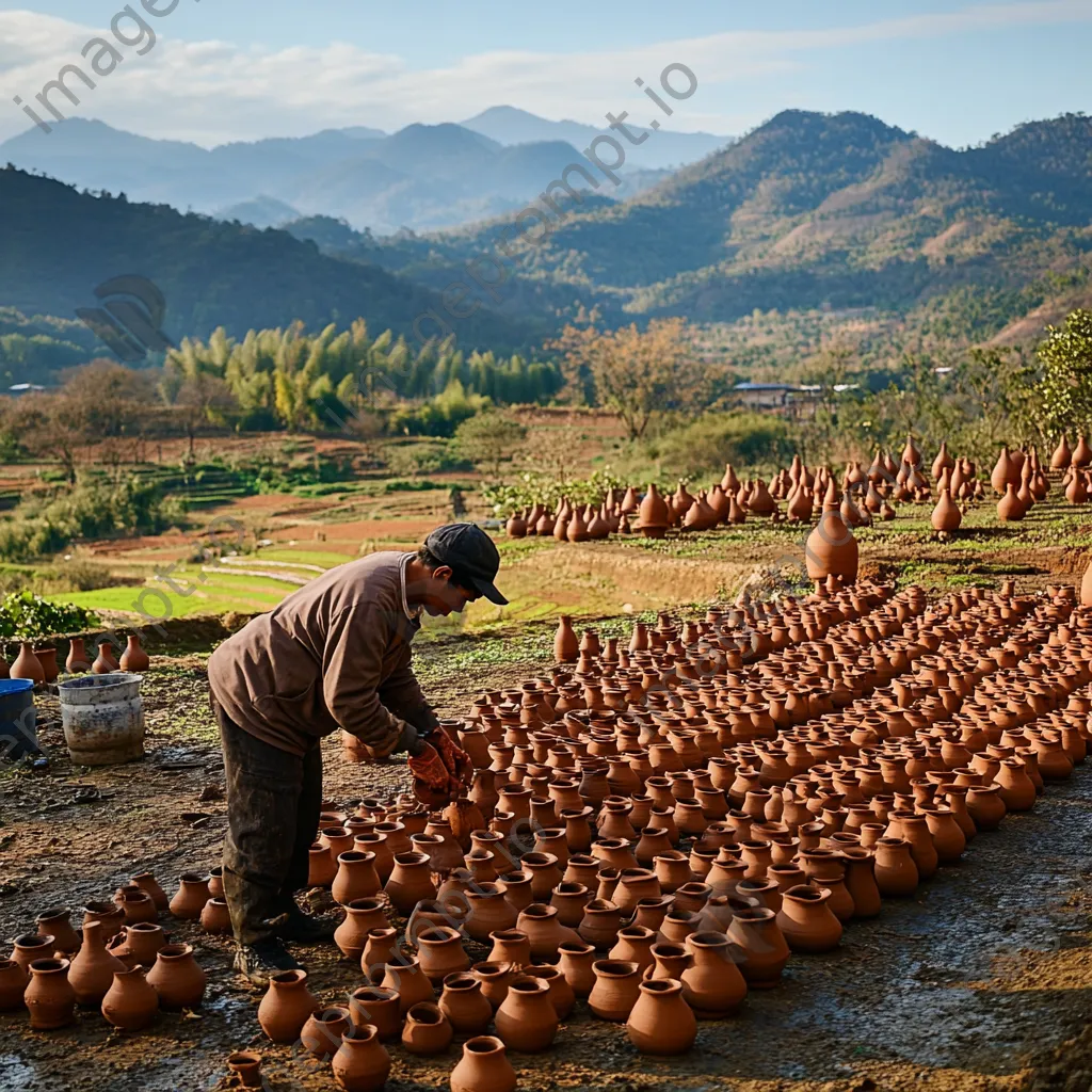 Artisan applying final touches to drying clay pottery outdoors - Image 2