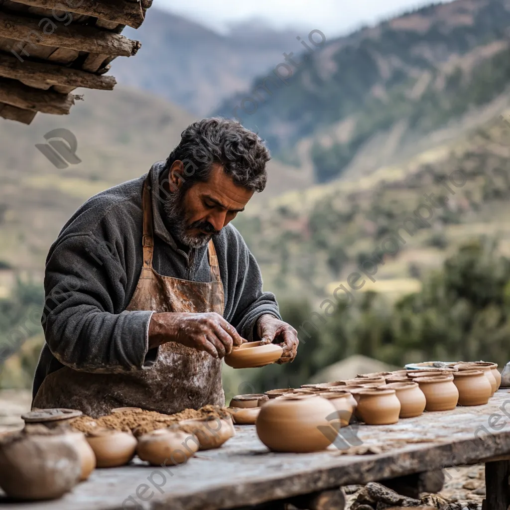 Artisan applying final touches to drying clay pottery outdoors - Image 3