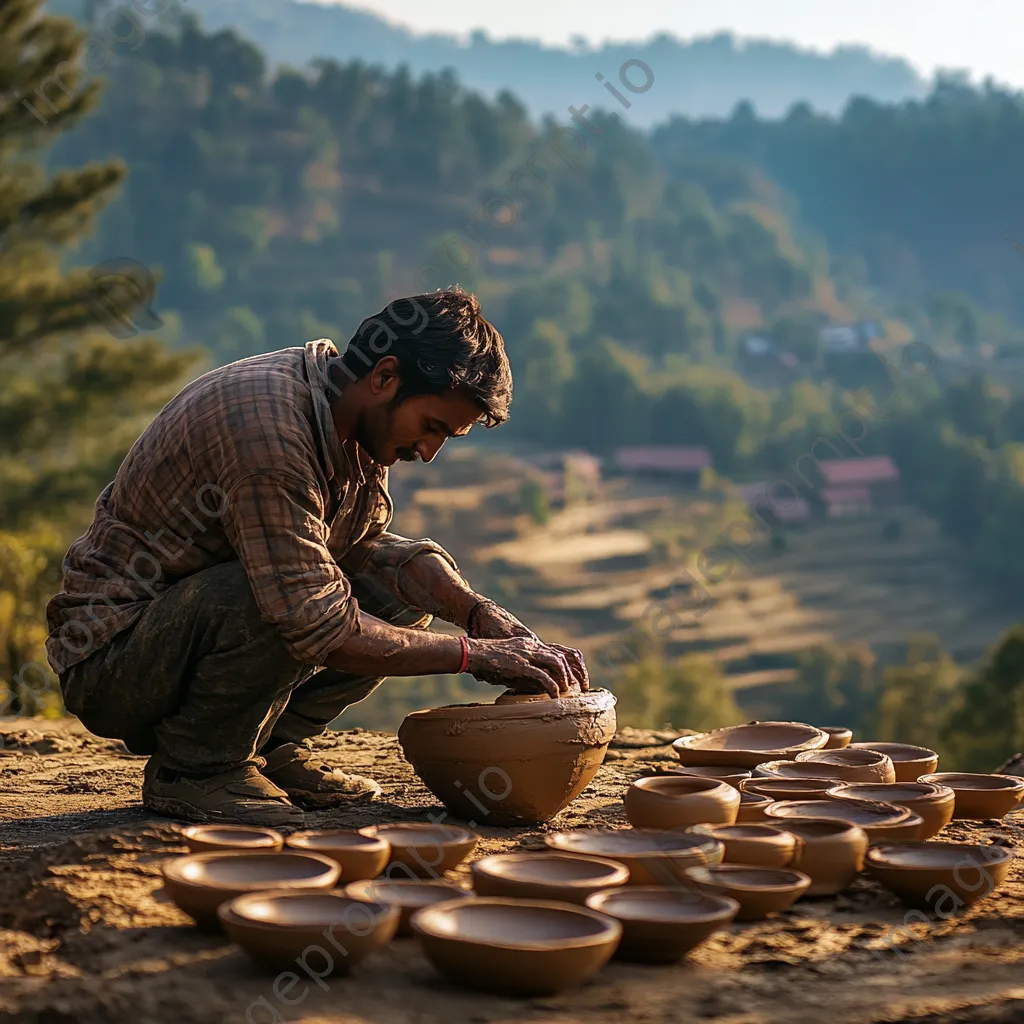 Artisan applying final touches to drying clay pottery outdoors - Image 4