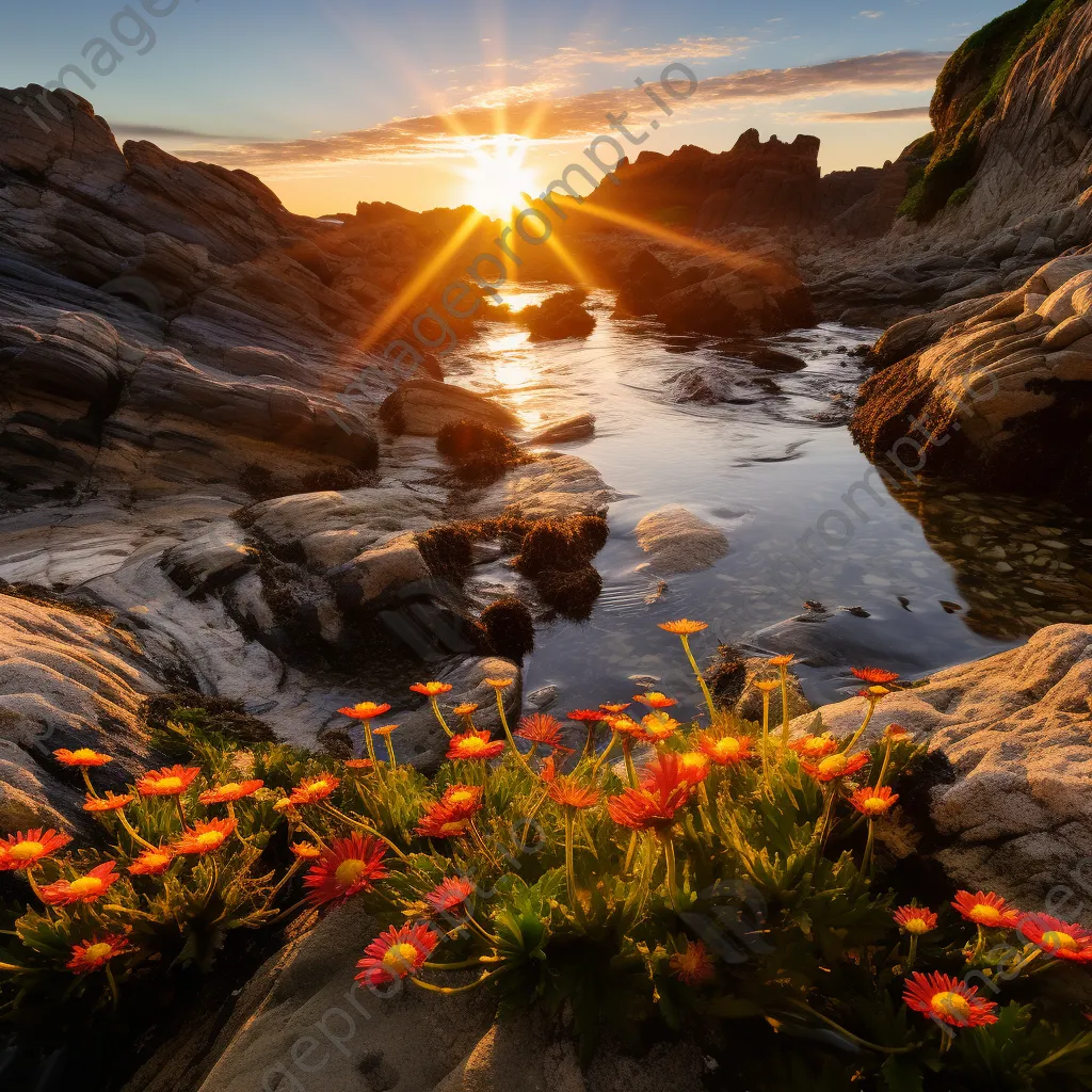 Golden hour coastal rock pools surrounded by wildflowers - Image 1