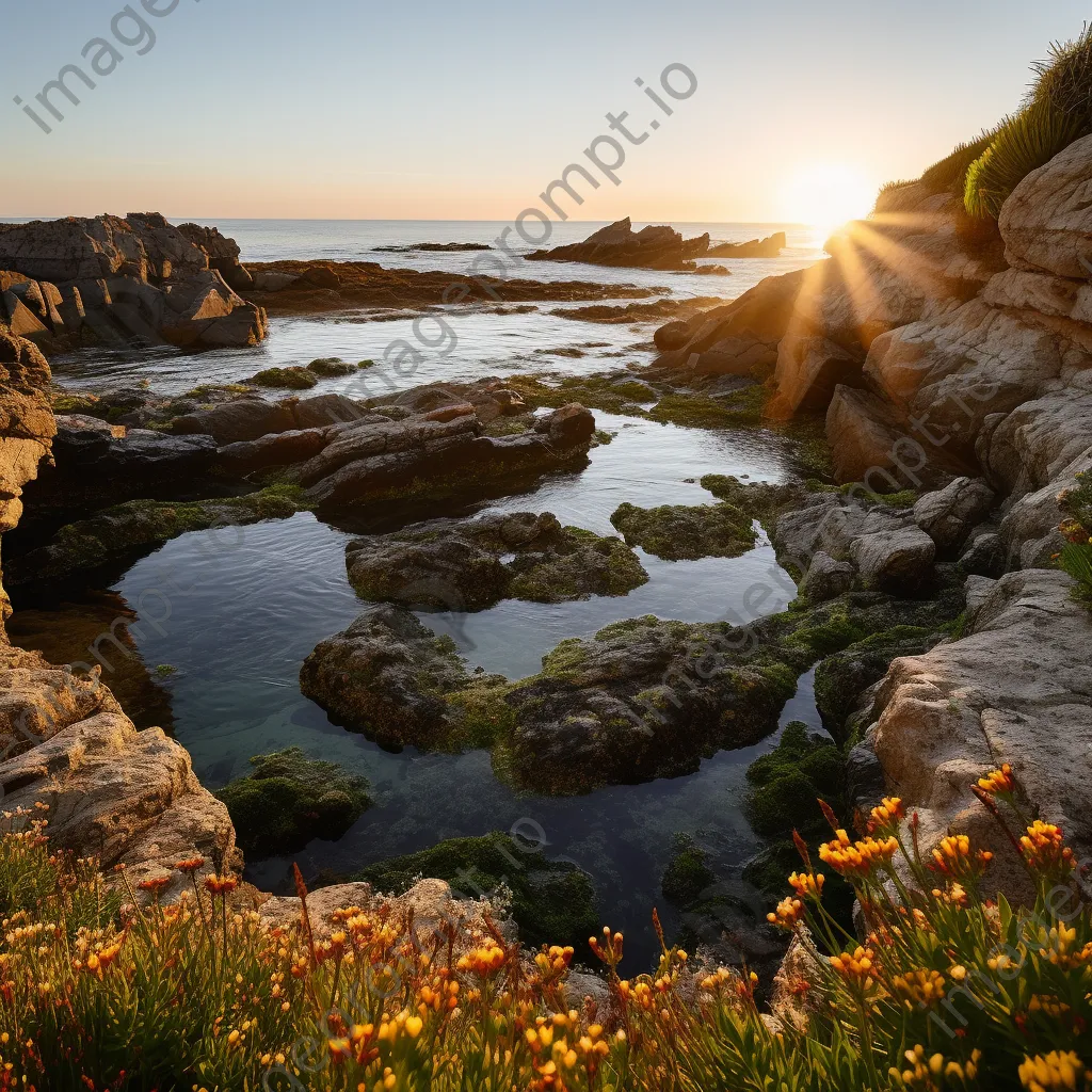 Golden hour coastal rock pools surrounded by wildflowers - Image 2