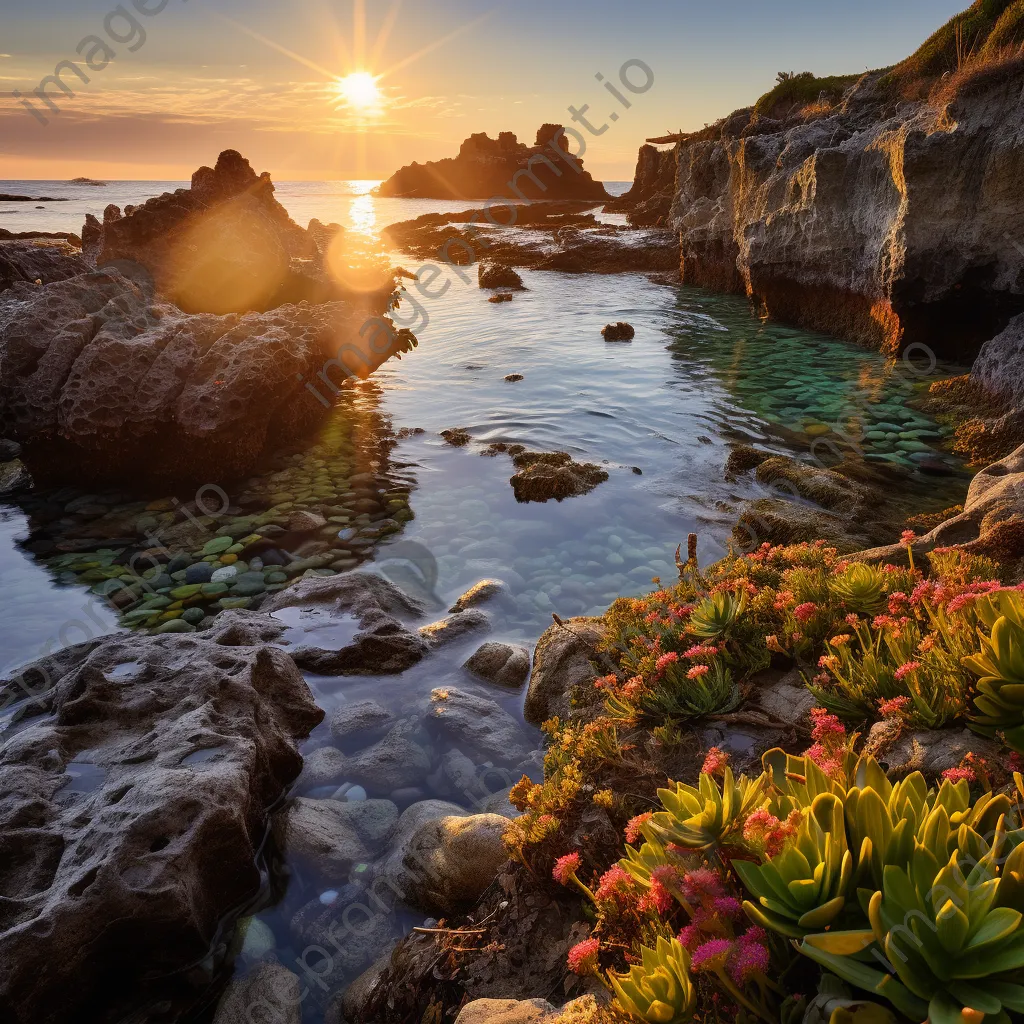 Golden hour coastal rock pools surrounded by wildflowers - Image 3