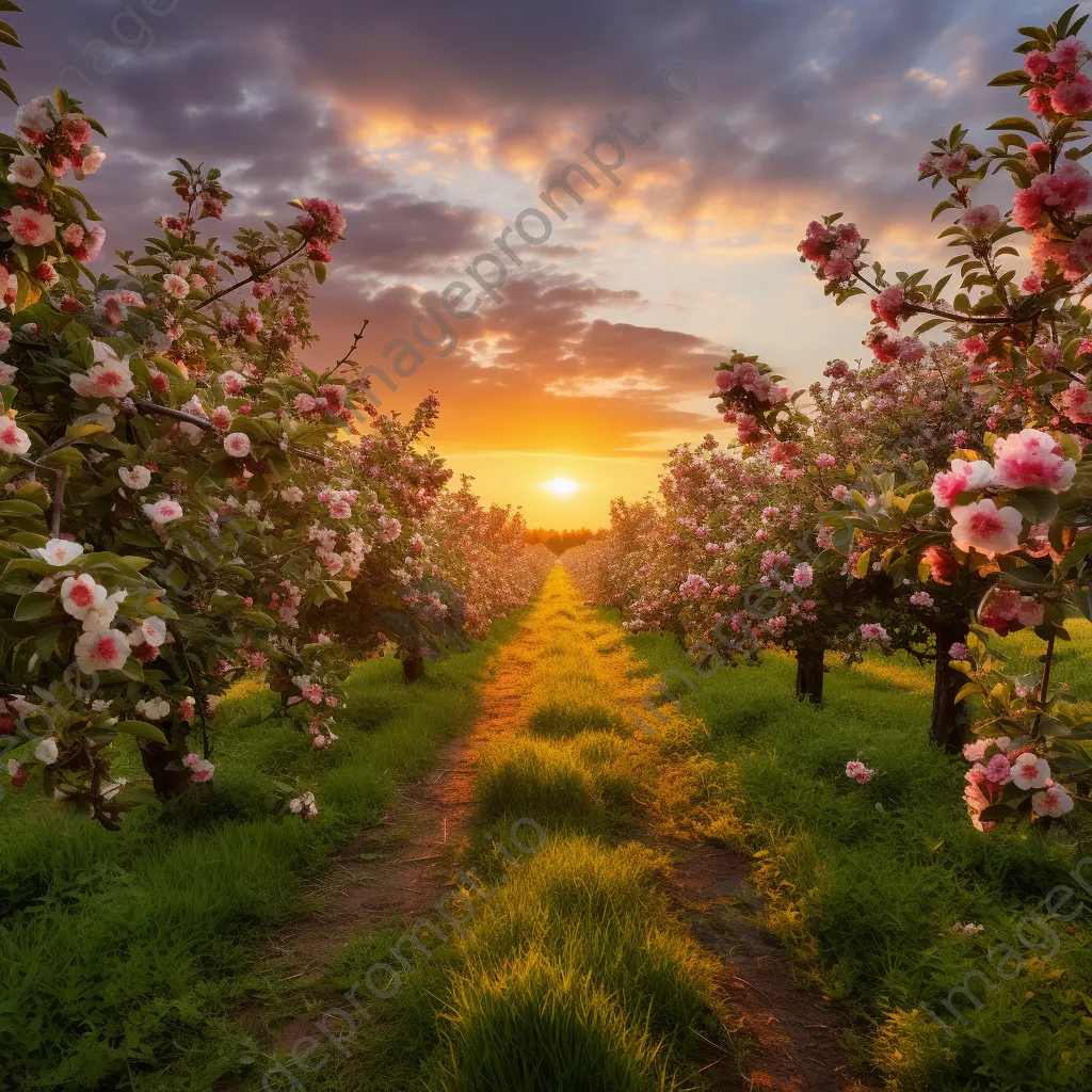 Blossoming apple trees in an orchard during golden hour - Image 3