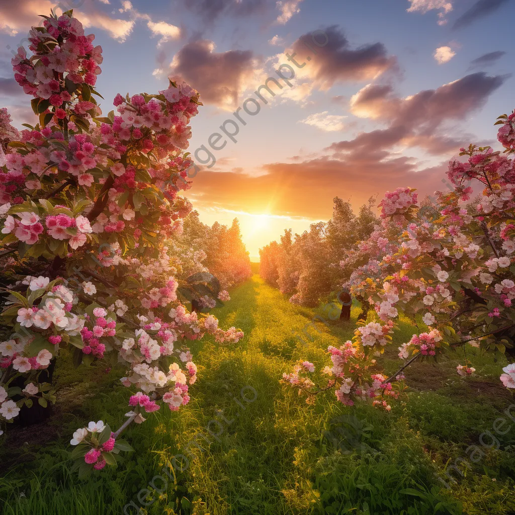 Blossoming apple trees in an orchard during golden hour - Image 4