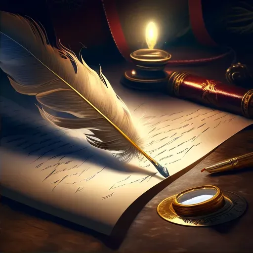 Image of a magical quill writing a prophecy on a parchment with mystical events in the background - Image 2