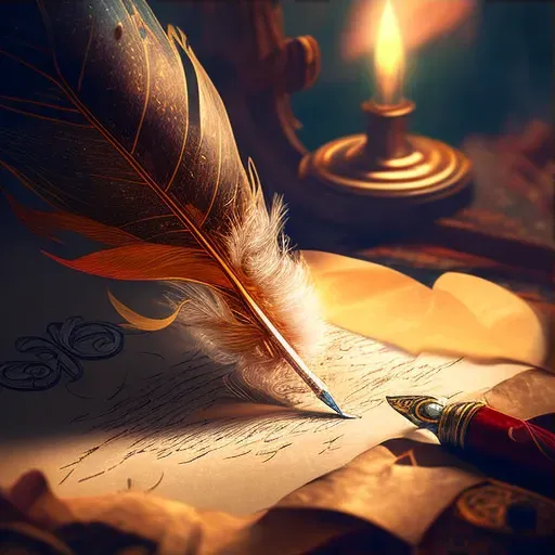 Image of a magical quill writing a prophecy on a parchment with mystical events in the background - Image 3