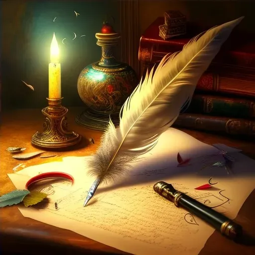 Image of a magical quill writing a prophecy on a parchment with mystical events in the background - Image 4