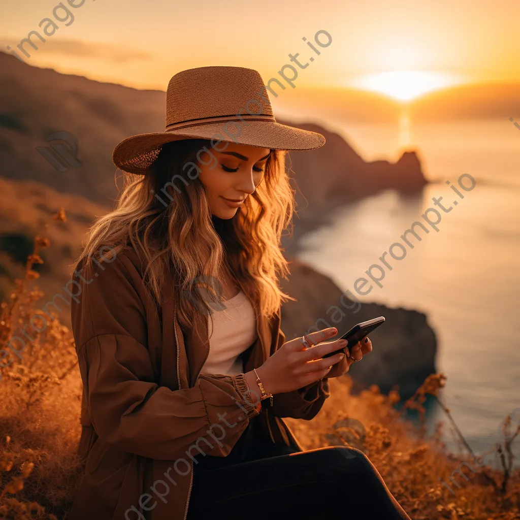 Influencer creating a social media story at sunset by the coast - Image 1