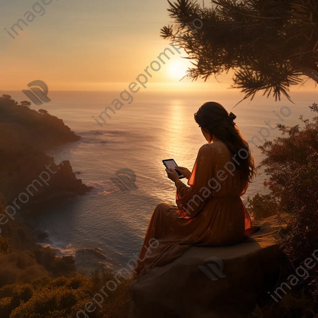 Influencer creating a social media story at sunset by the coast - Image 2