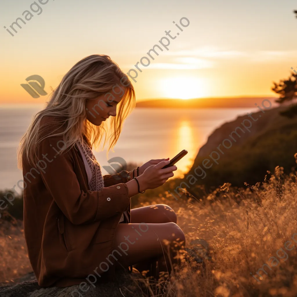 Influencer creating a social media story at sunset by the coast - Image 3