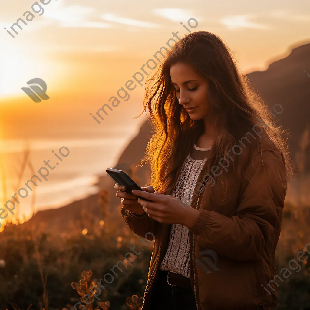 Influencer creating a social media story at sunset by the coast - Image 4