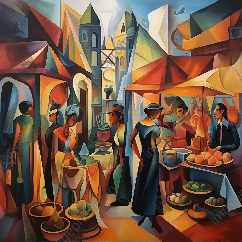 Cubist portrayal of a marketplace where dreams are the goods of exchange, echoing societal hopes - Image 1