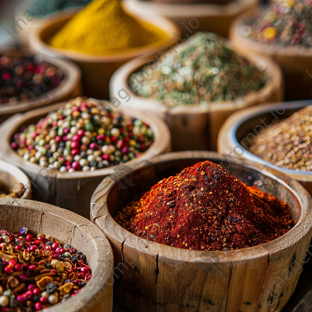 Close-up view of colorful spices in wooden bowls at a street market, lit by soft natural light. - Image 2