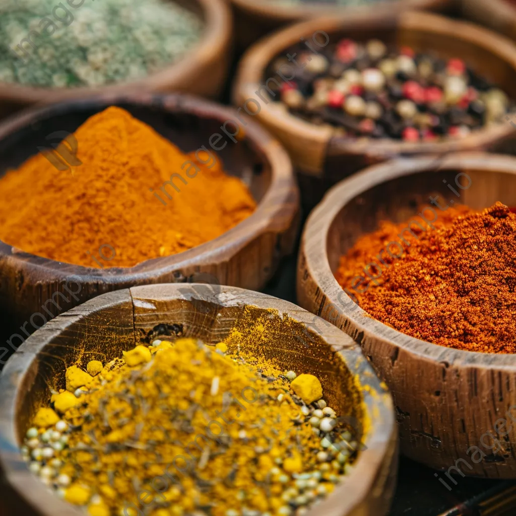 Close-up view of colorful spices in wooden bowls at a street market, lit by soft natural light. - Image 4