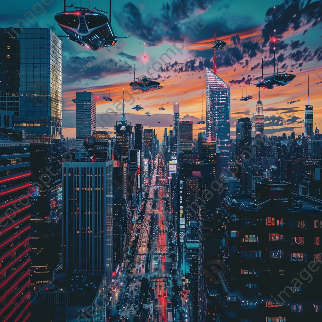 Vibrant futuristic city skyline with hovering vehicles at sunset - Image 1