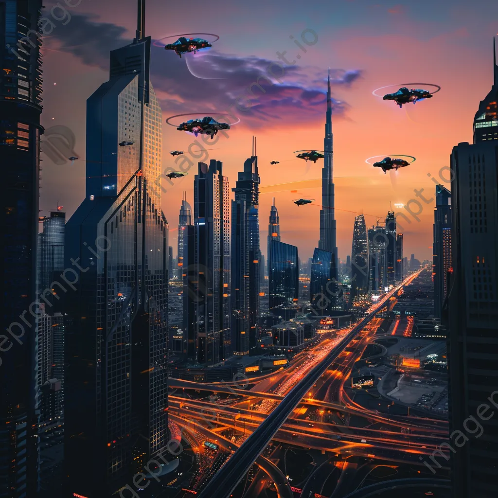 Vibrant futuristic city skyline with hovering vehicles at sunset - Image 2