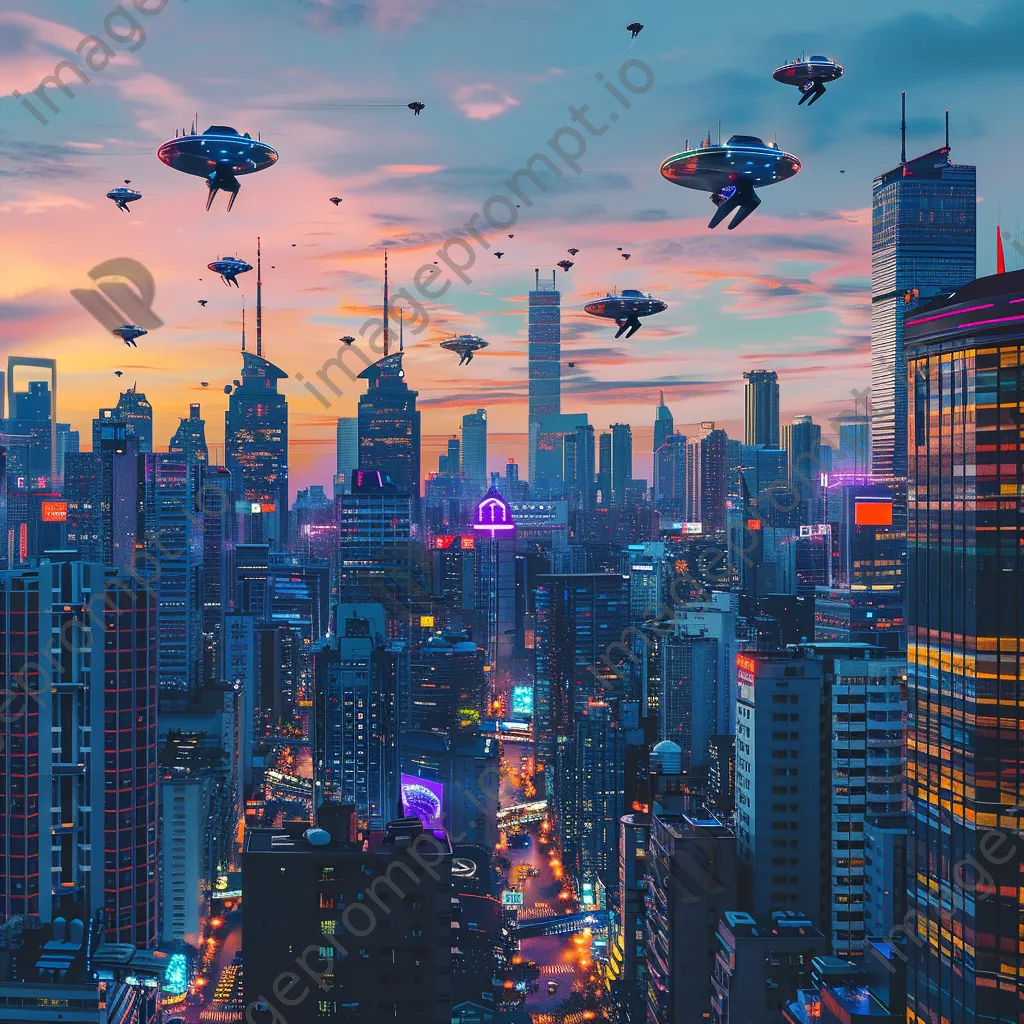 Vibrant futuristic city skyline with hovering vehicles at sunset - Image 3