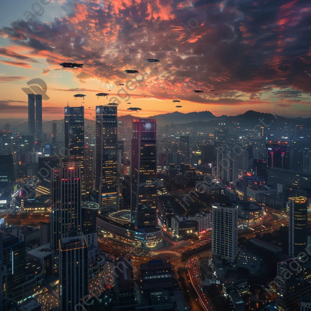 Vibrant futuristic city skyline with hovering vehicles at sunset - Image 4