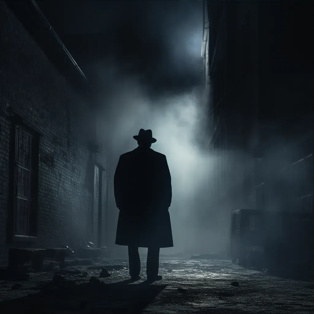 Mysterious figure in foggy alleyway with dramatic lighting contrasts - Image 3