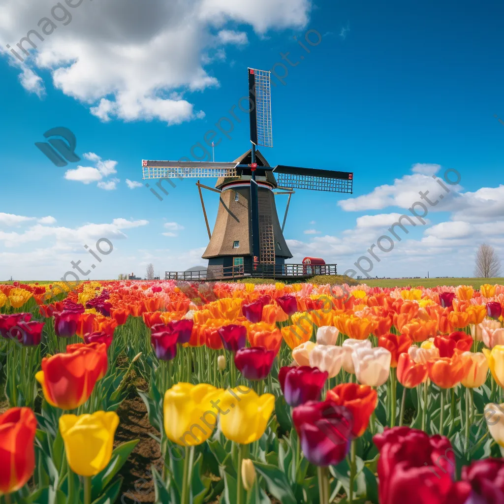 Traditional Dutch windmill amidst vibrant tulip fields - Image 2