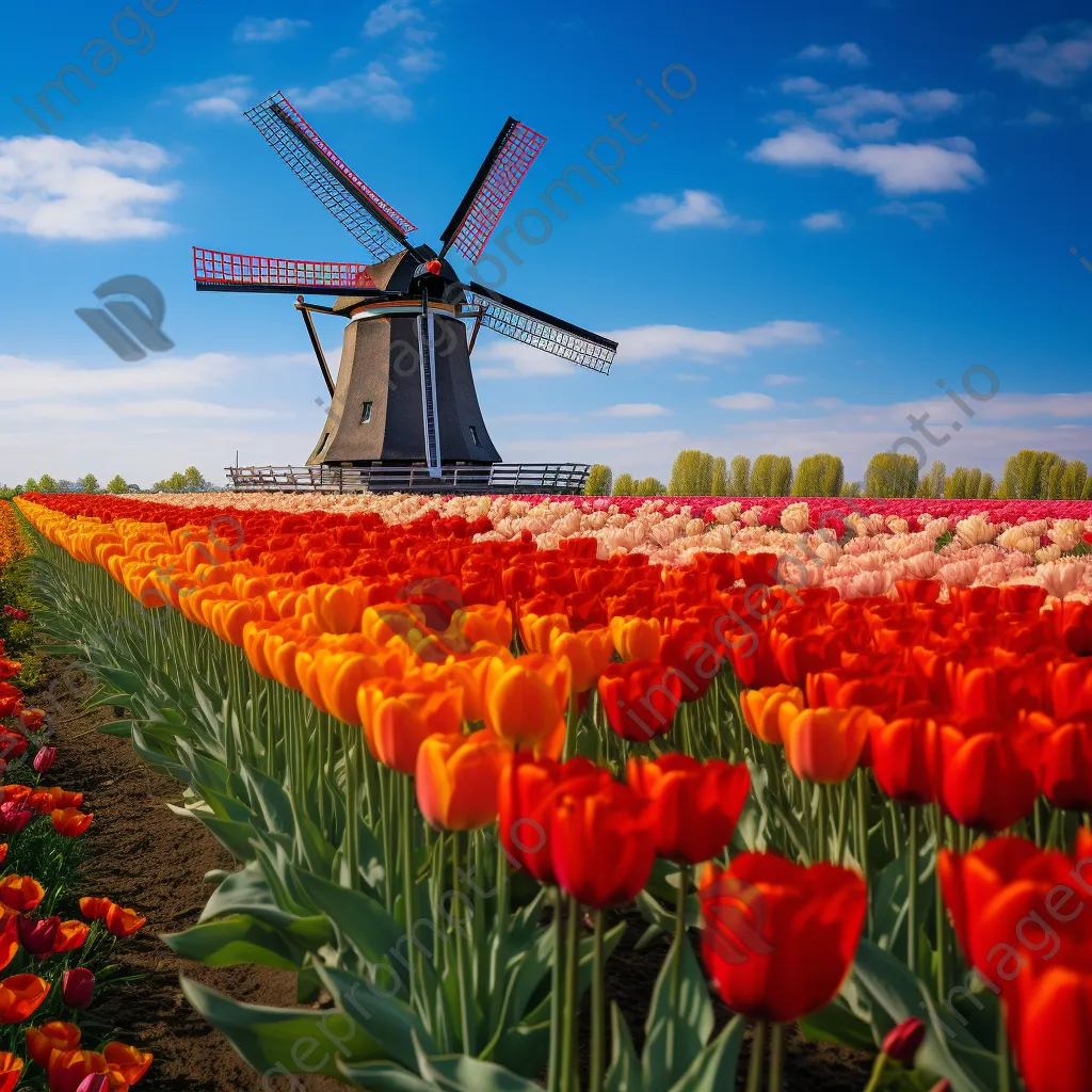 Traditional Dutch windmill amidst vibrant tulip fields - Image 3