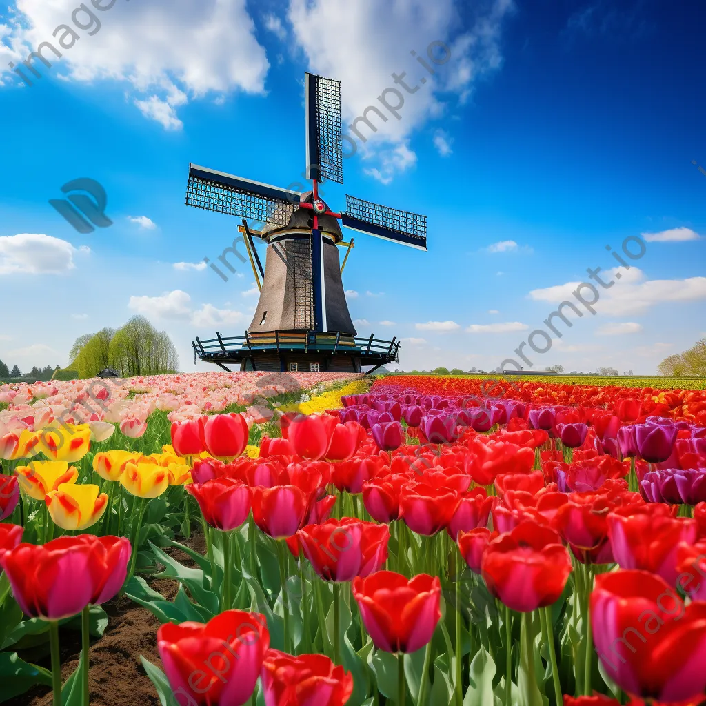 Traditional Dutch windmill amidst vibrant tulip fields - Image 4