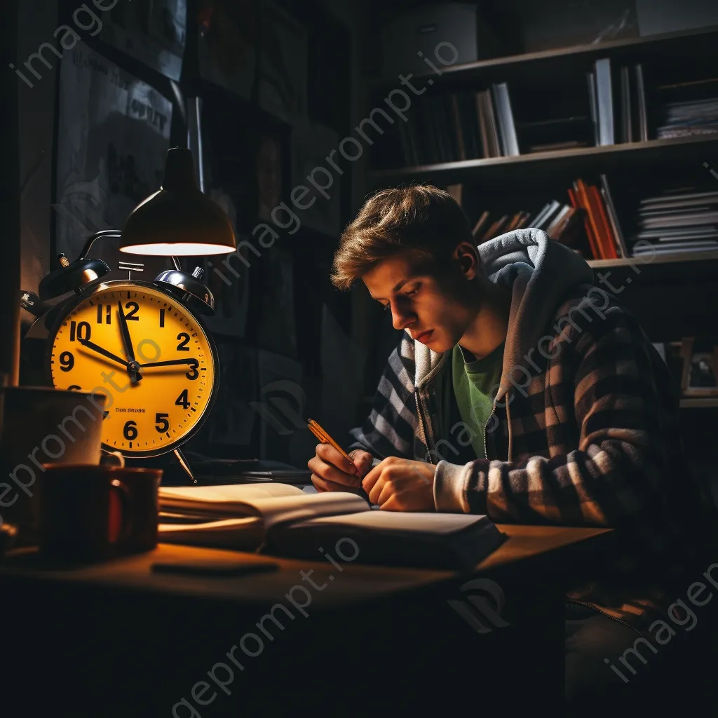 A student studying with textbooks and a countdown clock in a dimly lit room. - Image 1