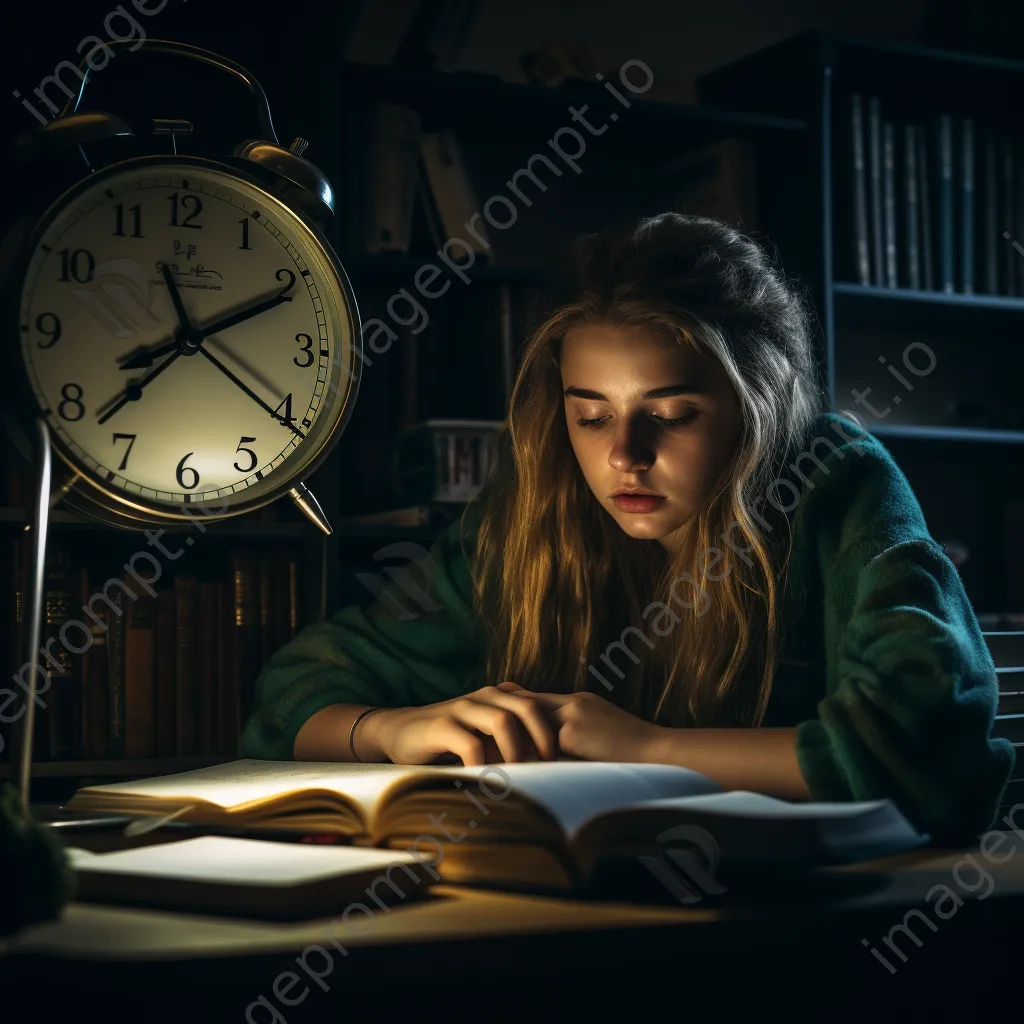 A student studying with textbooks and a countdown clock in a dimly lit room. - Image 2