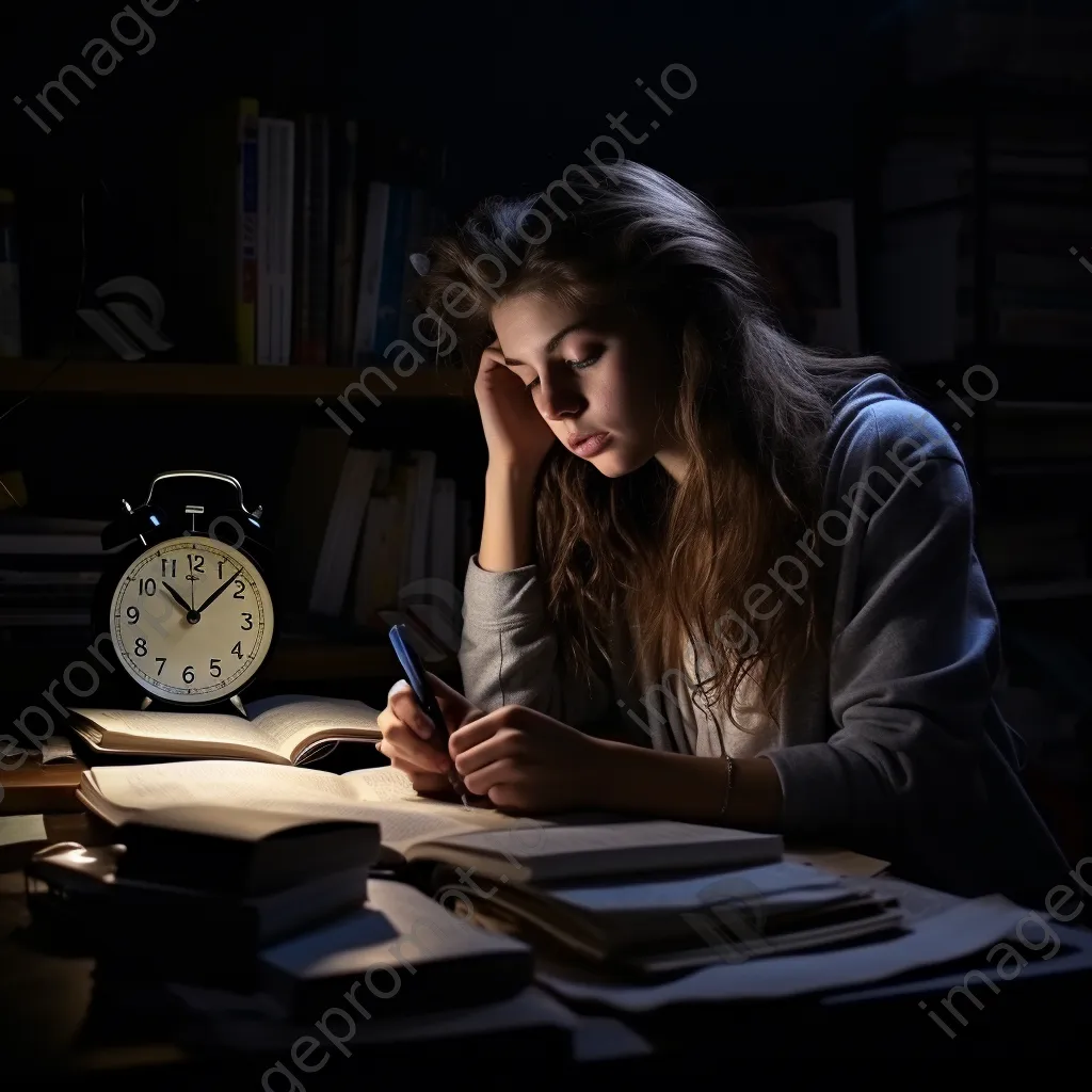 A student studying with textbooks and a countdown clock in a dimly lit room. - Image 3