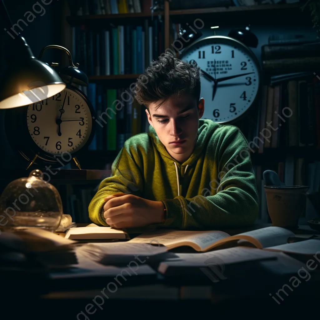 A student studying with textbooks and a countdown clock in a dimly lit room. - Image 4