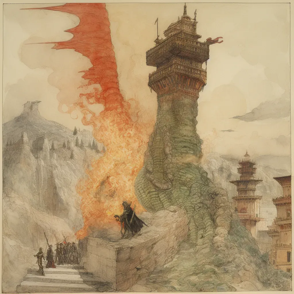 Dramatic scene of tower besieged by dragon for princess rescue - Image 1