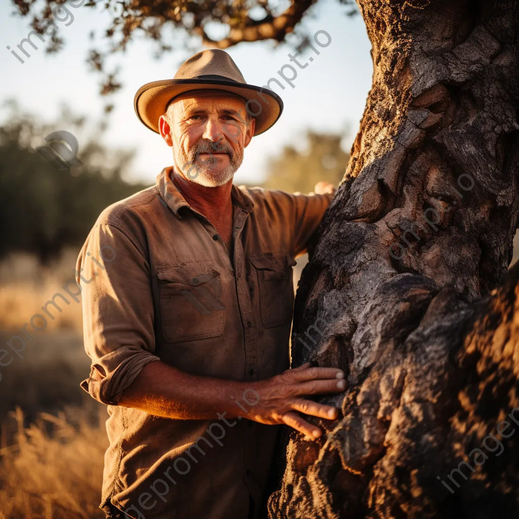 Portrait of a cork farmer beside harvested cork oak tree - Image 2