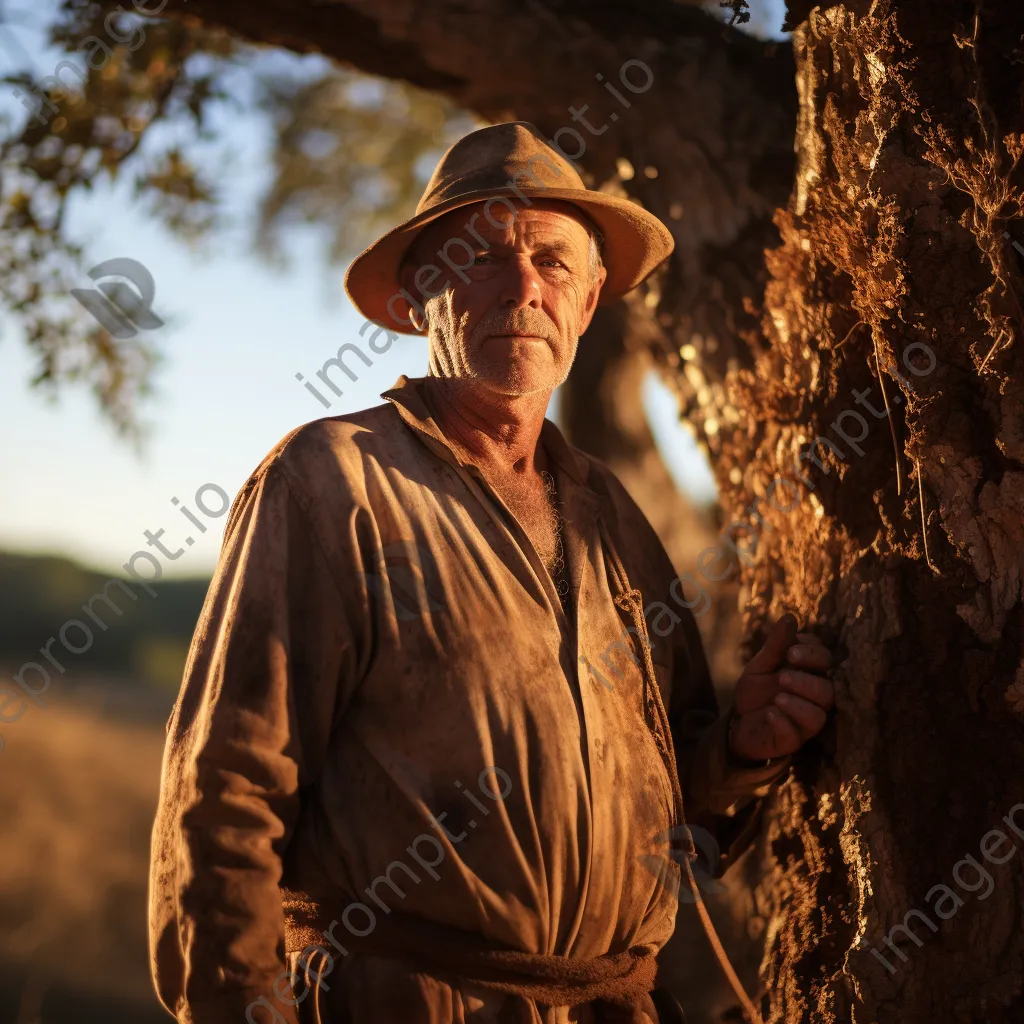 Portrait of a cork farmer beside harvested cork oak tree - Image 3