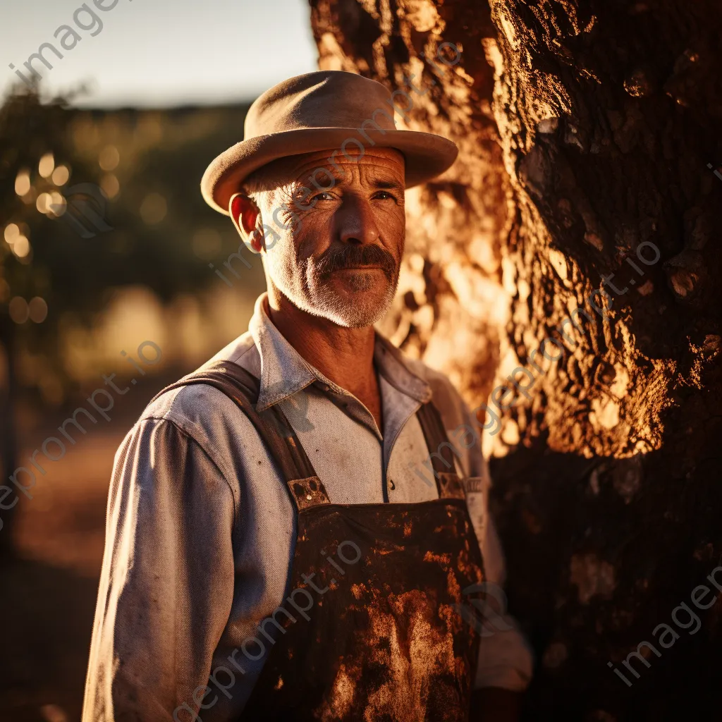 Portrait of a cork farmer beside harvested cork oak tree - Image 4