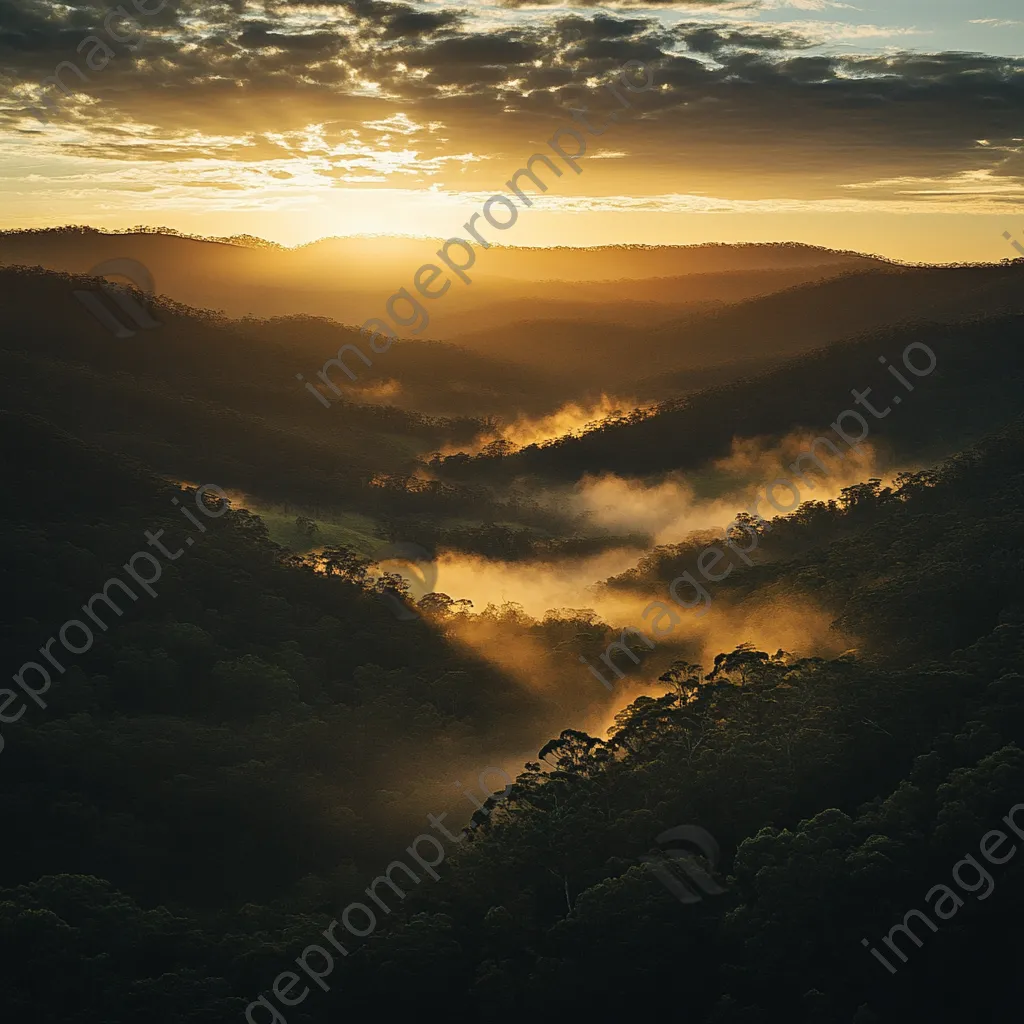 Golden hour light illuminating a misty valley - Image 1