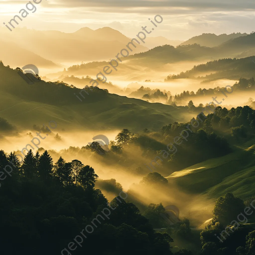 Golden hour light illuminating a misty valley - Image 4