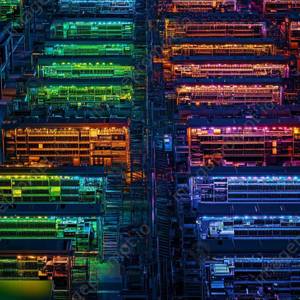 Wide-angle view of a cloud computing server room with vibrant RGB lighting. - Image 1