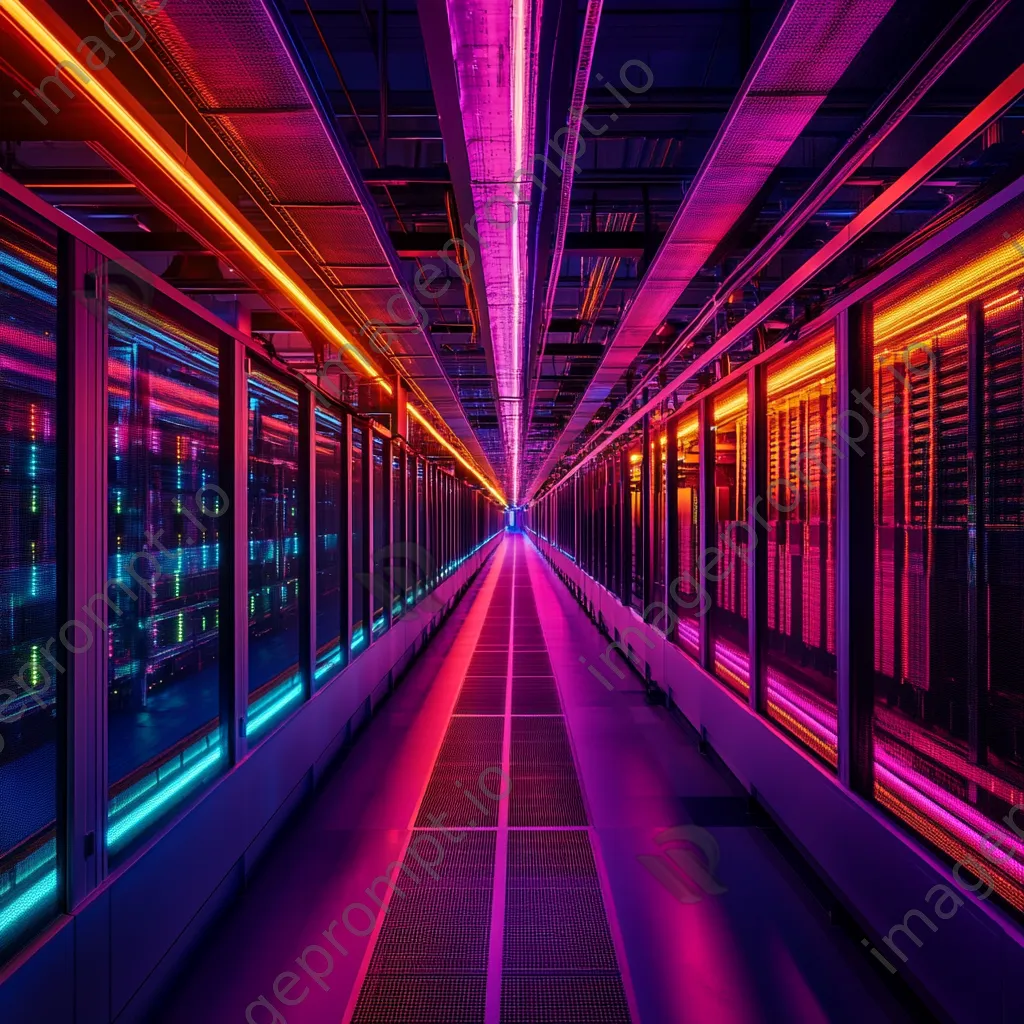 Wide-angle view of a cloud computing server room with vibrant RGB lighting. - Image 3