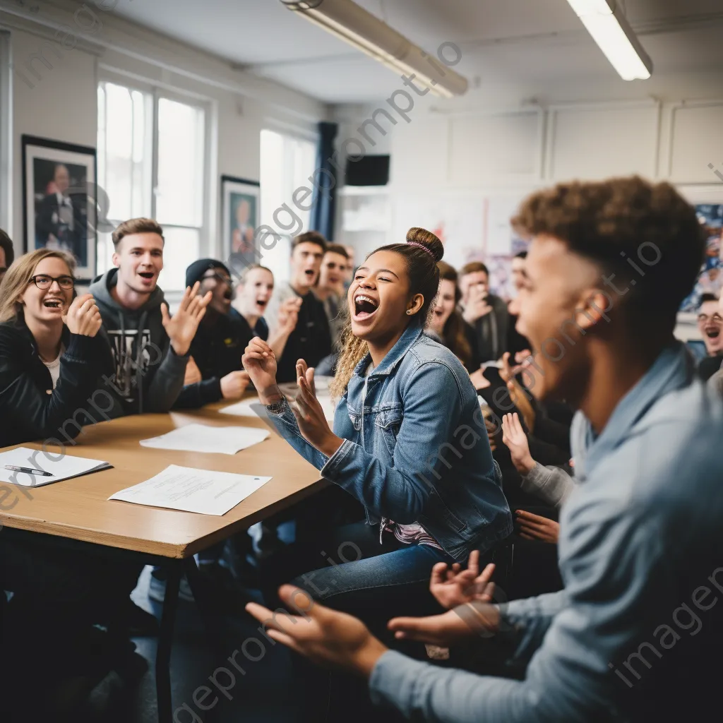 Students debating passionately in a modern classroom environment. - Image 1