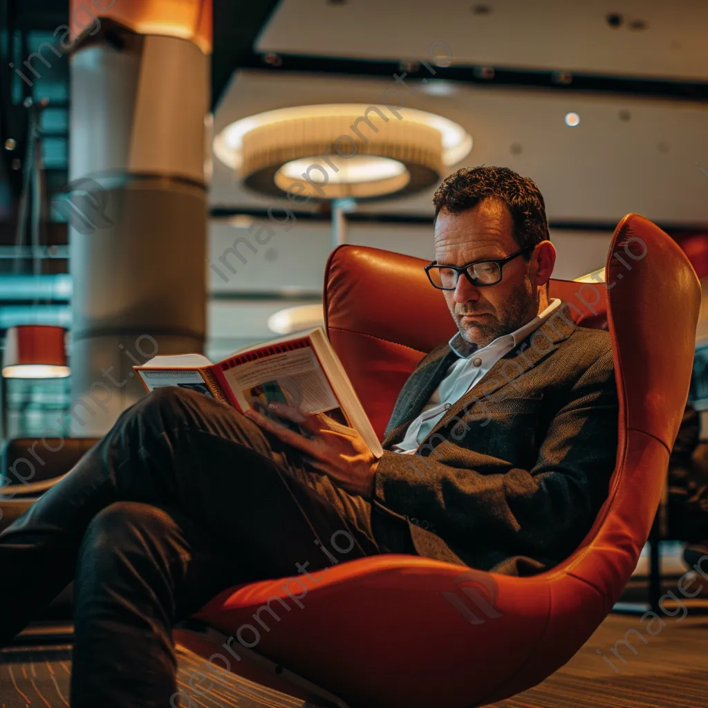 A businessman reading a book in an airport lounge - Image 1