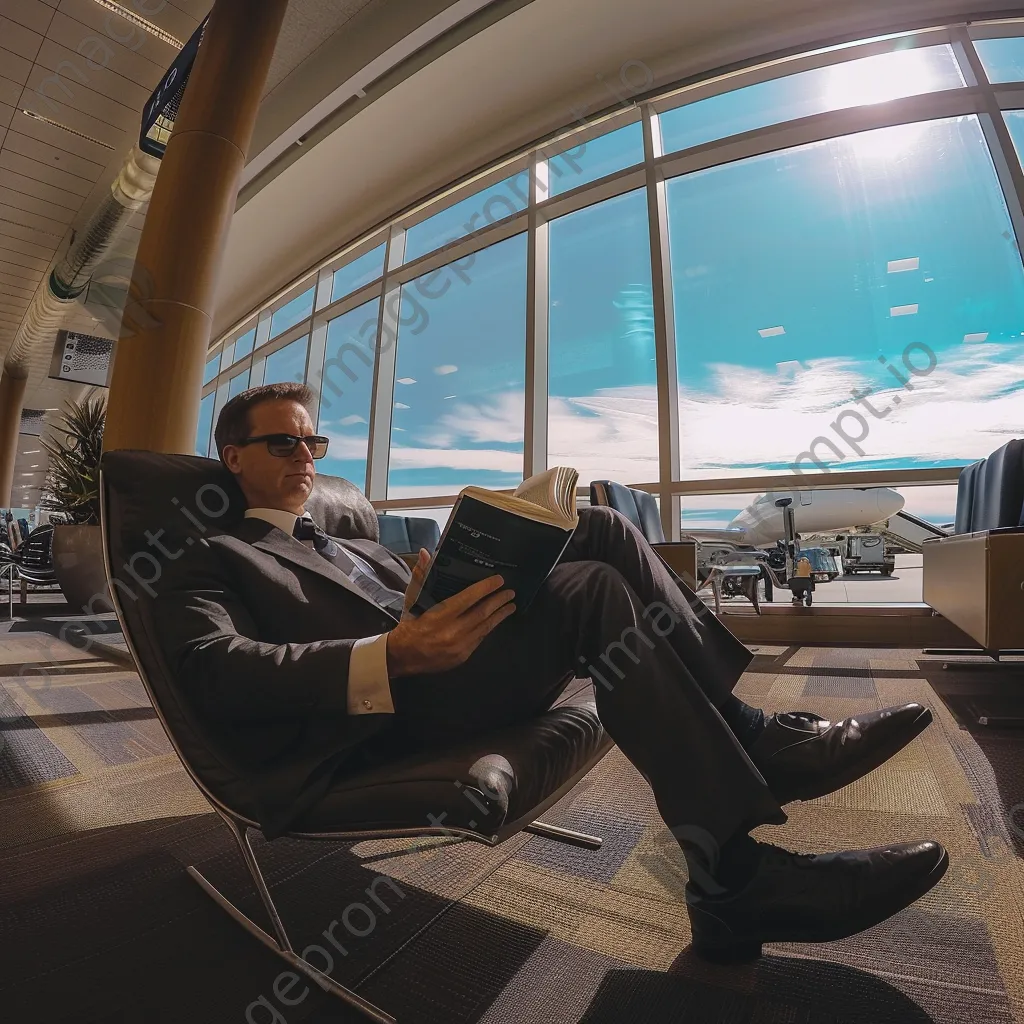 A businessman reading a book in an airport lounge - Image 2