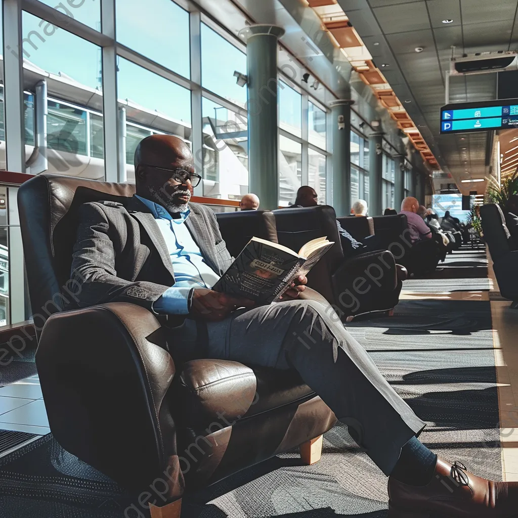 A businessman reading a book in an airport lounge - Image 3