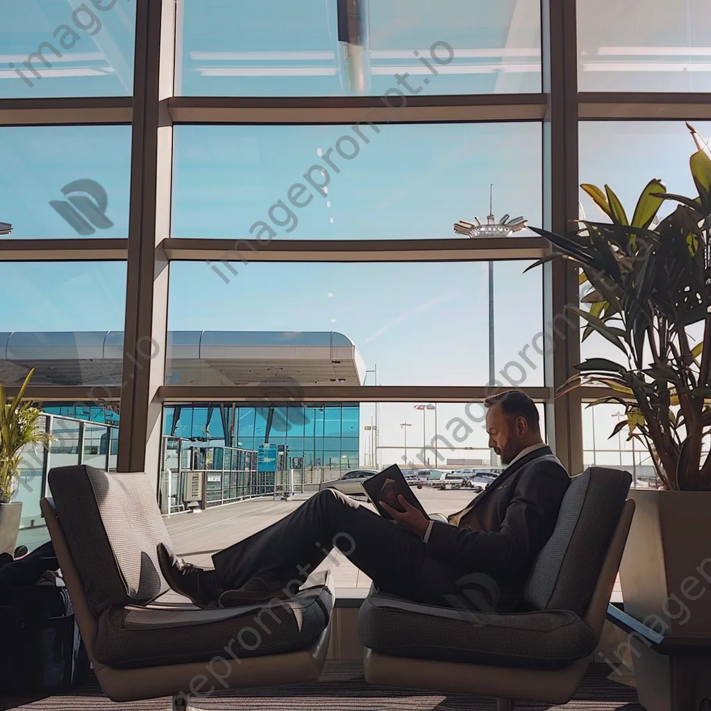 A businessman reading a book in an airport lounge - Image 4