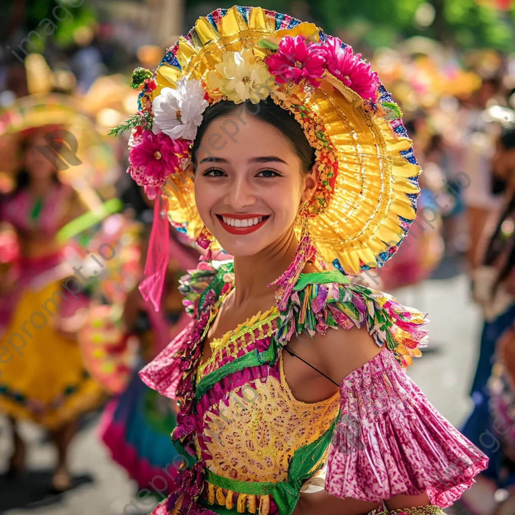 Traditional dancers performing at a spring festival in a decorated street - Image 1